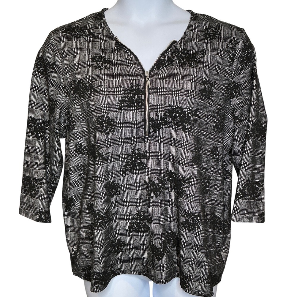 Chico's Womens Dark Plaid Floral 3/4 Sleeve Half Zip Top Sz 3/XL Cottagecore